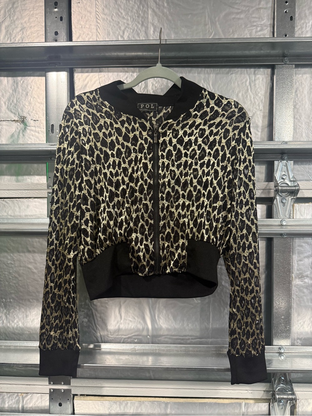 POL Cropped Leopard-Print Bomber Jacket in Black and Cream NWOT